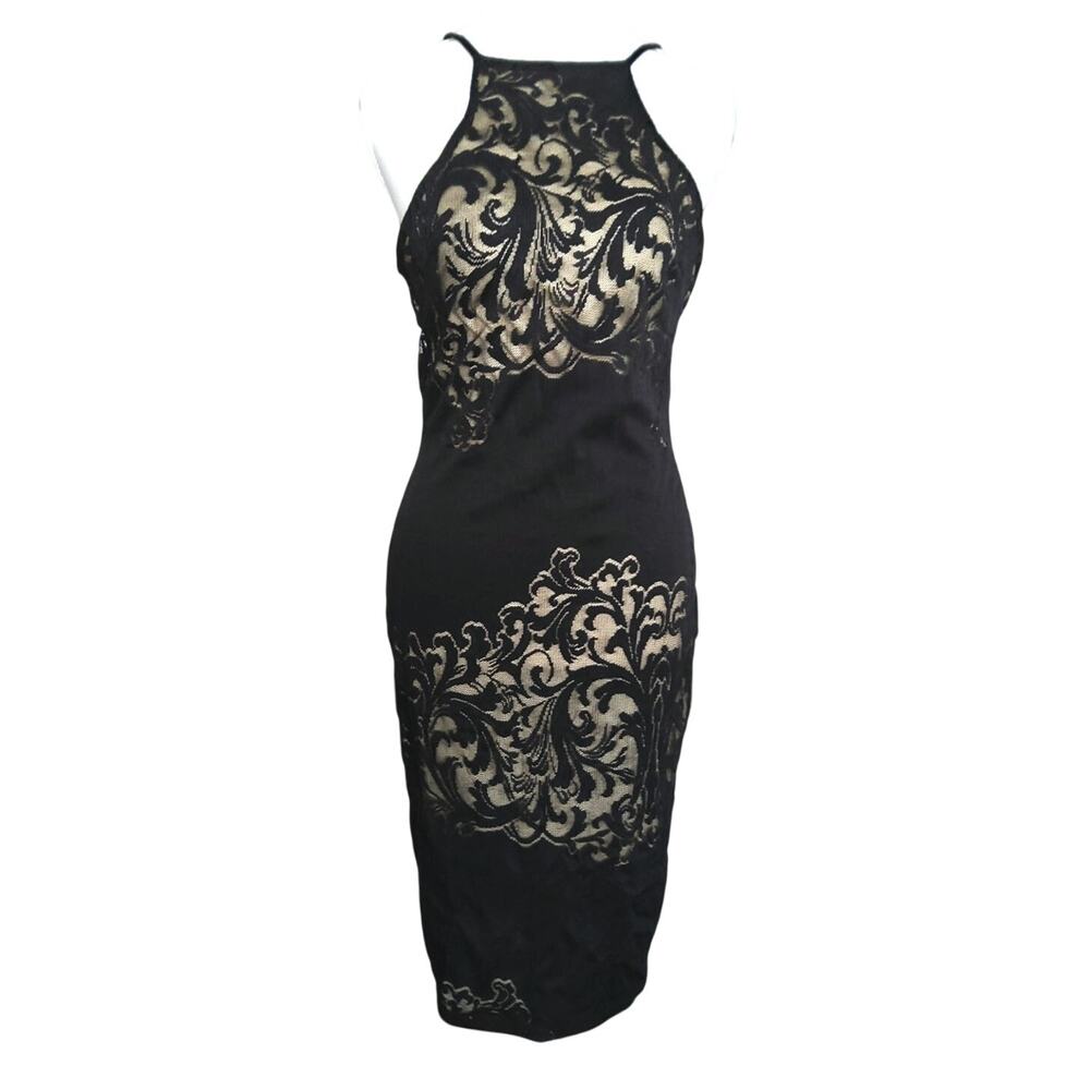 Vtg Whimsigoth chic black lace nude halter midi dress USA Christmas holiday chic